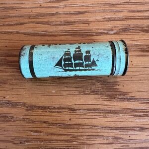 Vintage Tums Pocket Pill Tin Case Green Transportation Ship Train Car Horse